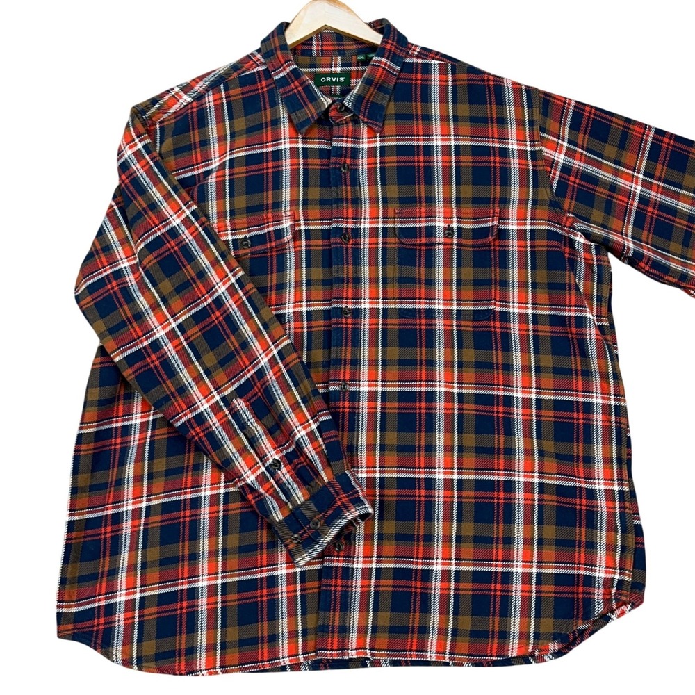 Orvis Button Down Shirt Mens XXL Blue Orange Plaid‎ Flap Pockets Heavy Flannel